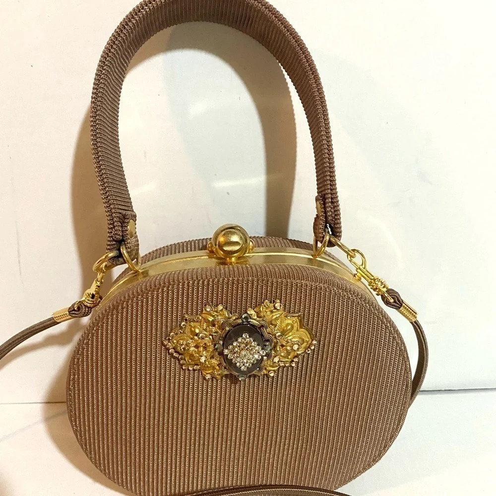 Vintage brown woven fabric crossbody evening bag